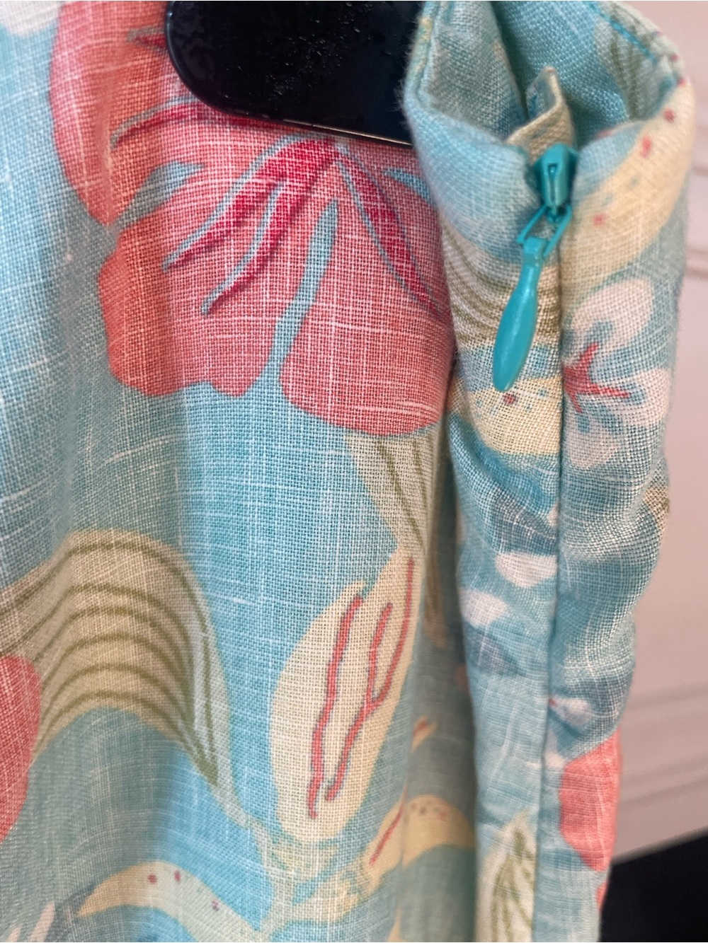 Tommy Bahama Linen Skirt with Ruffle hem. Aqua Floral with Coral Flowers. - Picture 2 of 5